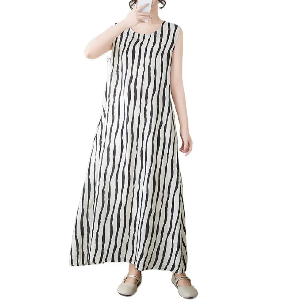 

Женское хлопковое повседневное платье больших размеров с круглым вырезом без рукавов, большая длинная юбка с принтом, летняя экспортная новинка