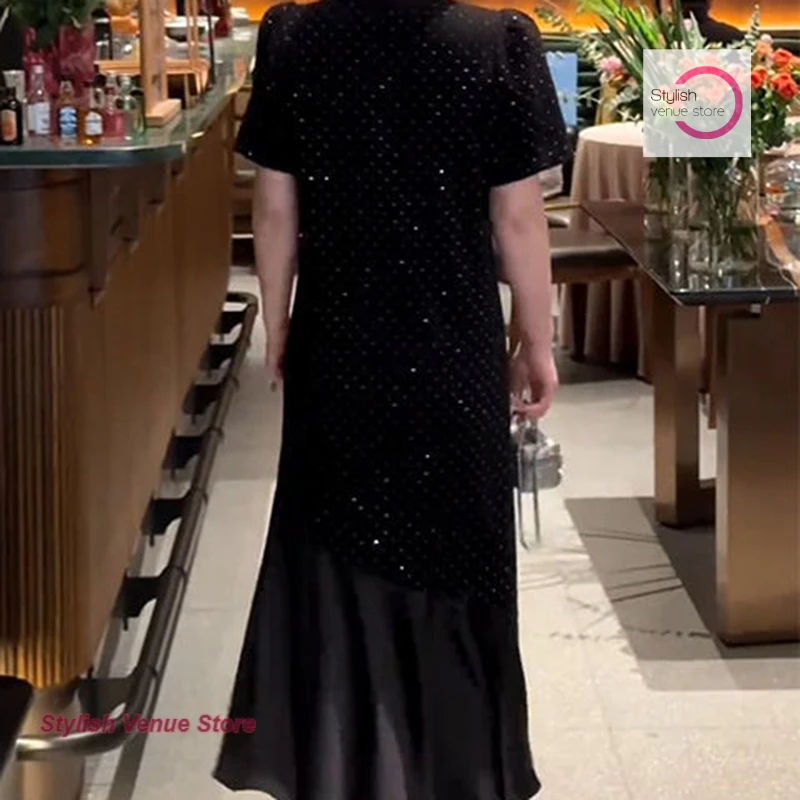 French style fashion temperament rhinestone dress female summer plus size loose slim casual Joker T-shirt little black dress