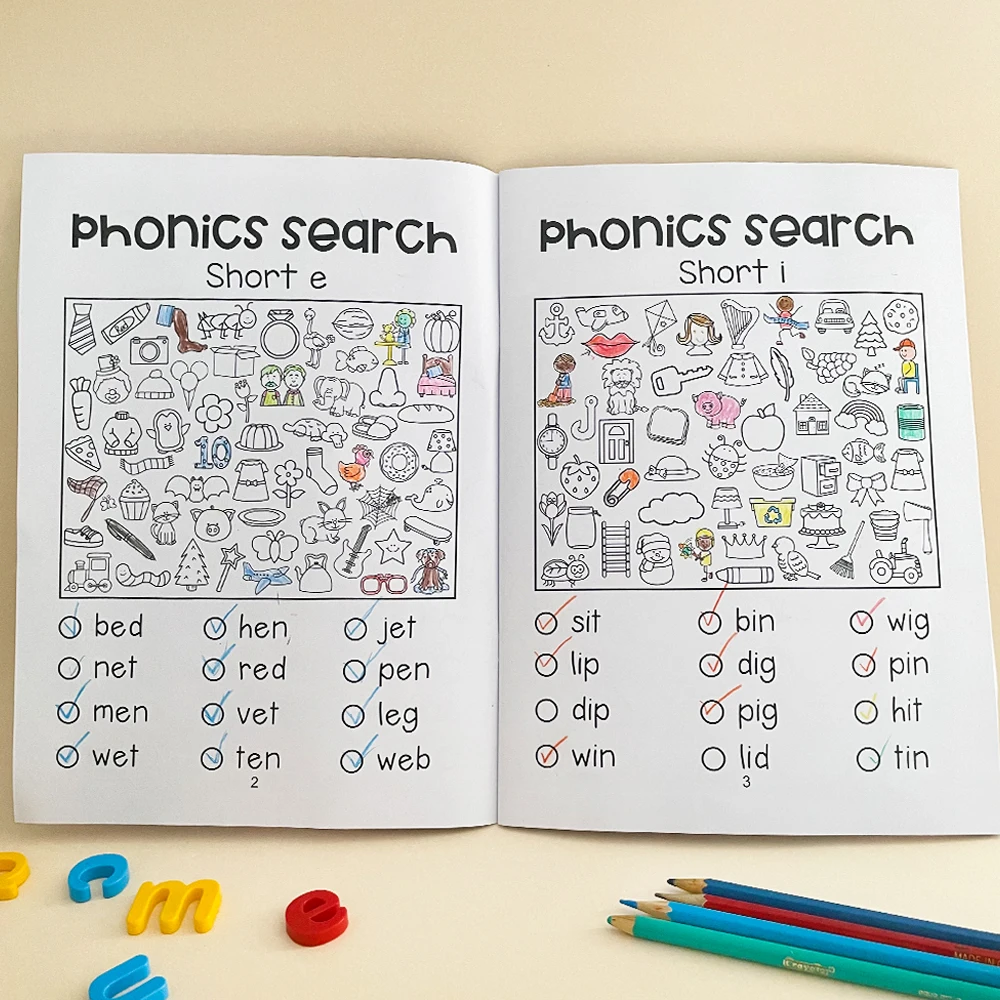 43 Pages Read and Find Phonics Workbook Word Search Coloring Montessori Learning Toys for Kid Children Homework