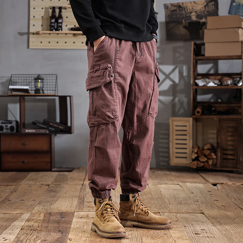 

Функциональные ветровые свободные брюки с большим карманом, мужские эластичные тканые старые потертые тяжелые высококачественные повседневные брюки-карго