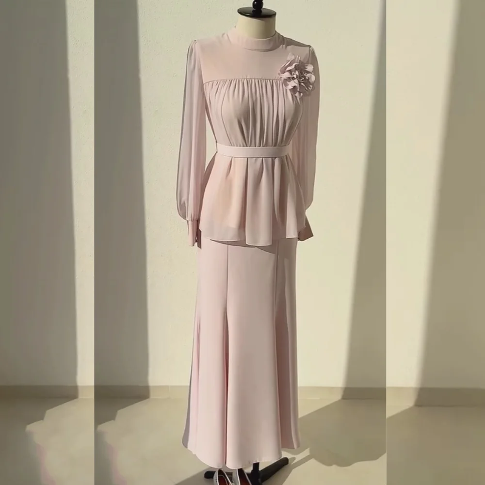 

Customized Matching Chiffon Flower Pleat A-line High Collar Long Dresses Bespoke Occasion Dresses Modern Style
