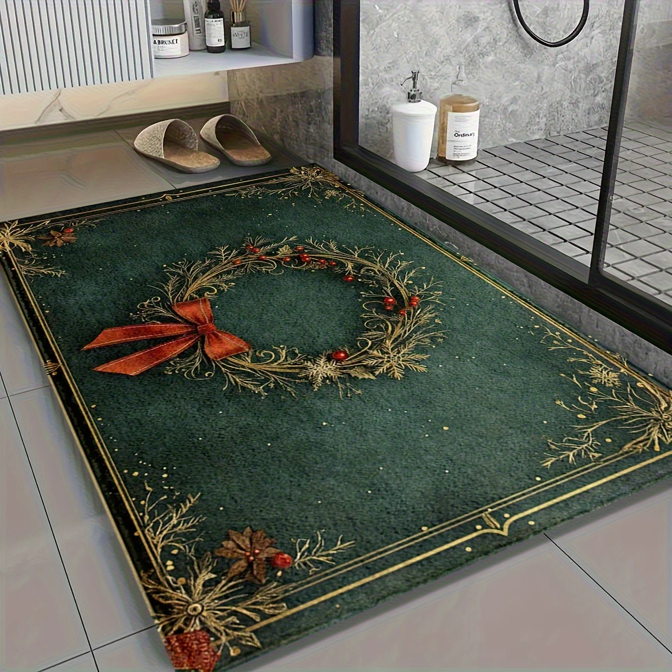 1pc Christmas Themed Green Berry Wreath Doormat, Non-slip Floor Mat for Living Room, Bedroom, Bathroom, Holiday Home Decoration