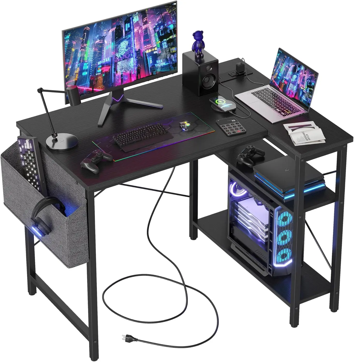 Small Computer Desk with Power Outlets, 40 Inch L Shaped Desk with Reversible Shelves