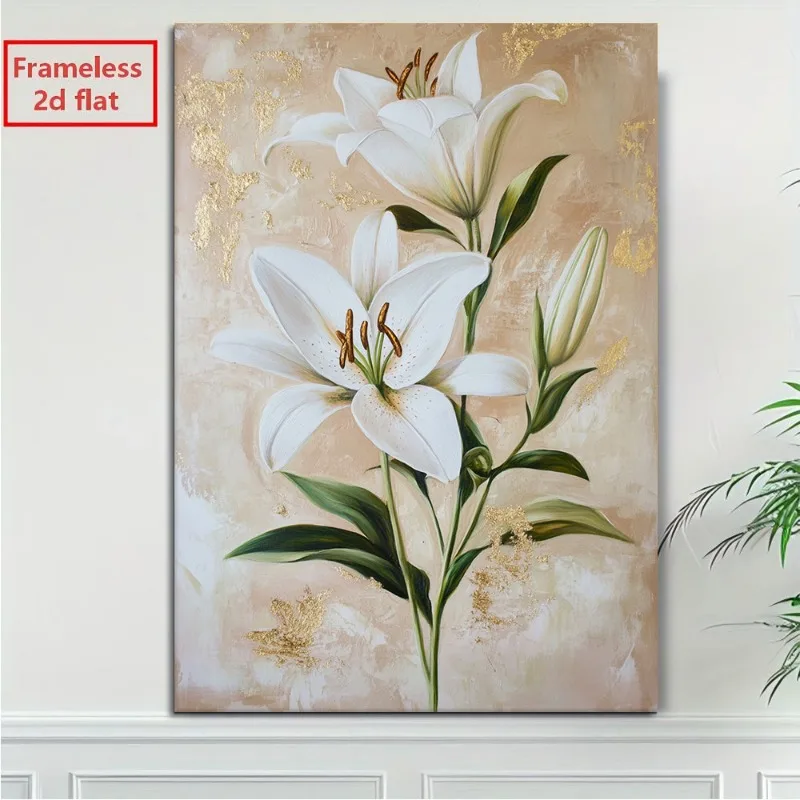 2D Flat, 1pc Unframed 2D Flat Canvas Art: Elegant White Lilies with Golden Accents, Soft Beige Background, Modern Wall Decora
