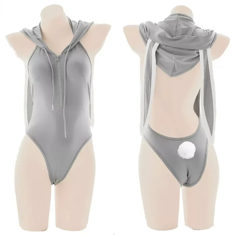 

Anime Cute Girl Sweet Bunny Gray Hooded Bodysuit Lingerie Costume Women Zipper Backless Hoodie Pajamas Sexy Backless Cosplay