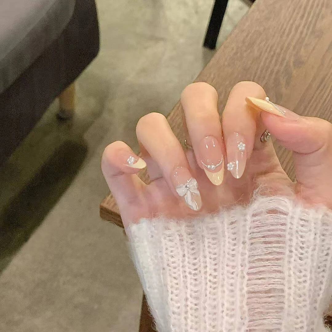 10Pcs Wearable Reuse Finished Fake Nails with Bowtie Design Long Almond Press on False Nails Nude Pink Full Cover Nail Tips