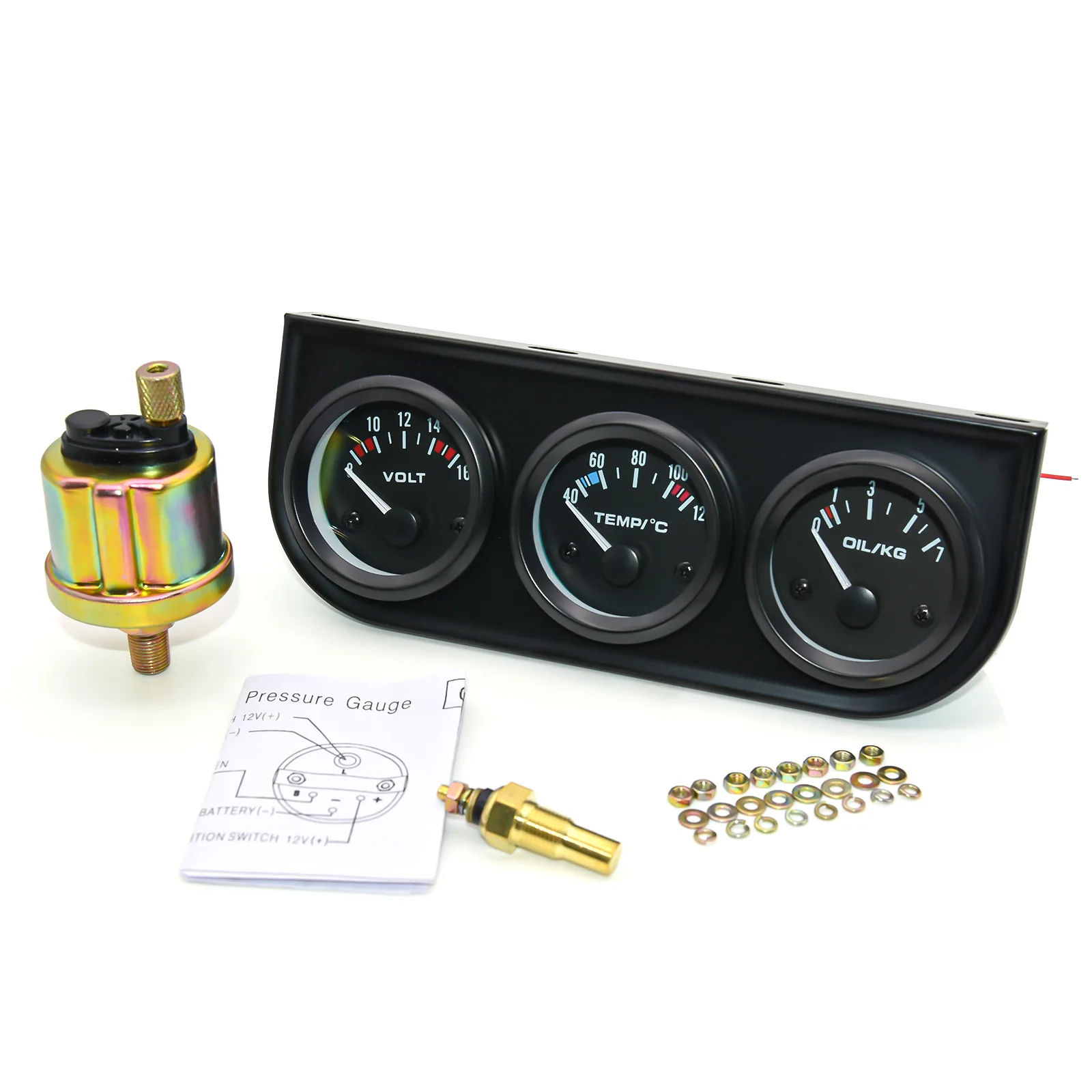 

3 IN 1 Triple Gauge Kit 12V 52mm Water Temperature Gauge+Oil Pressure Gauge+Voltage+Sensor 1/8NPT for Gasoline Racing Car 12V