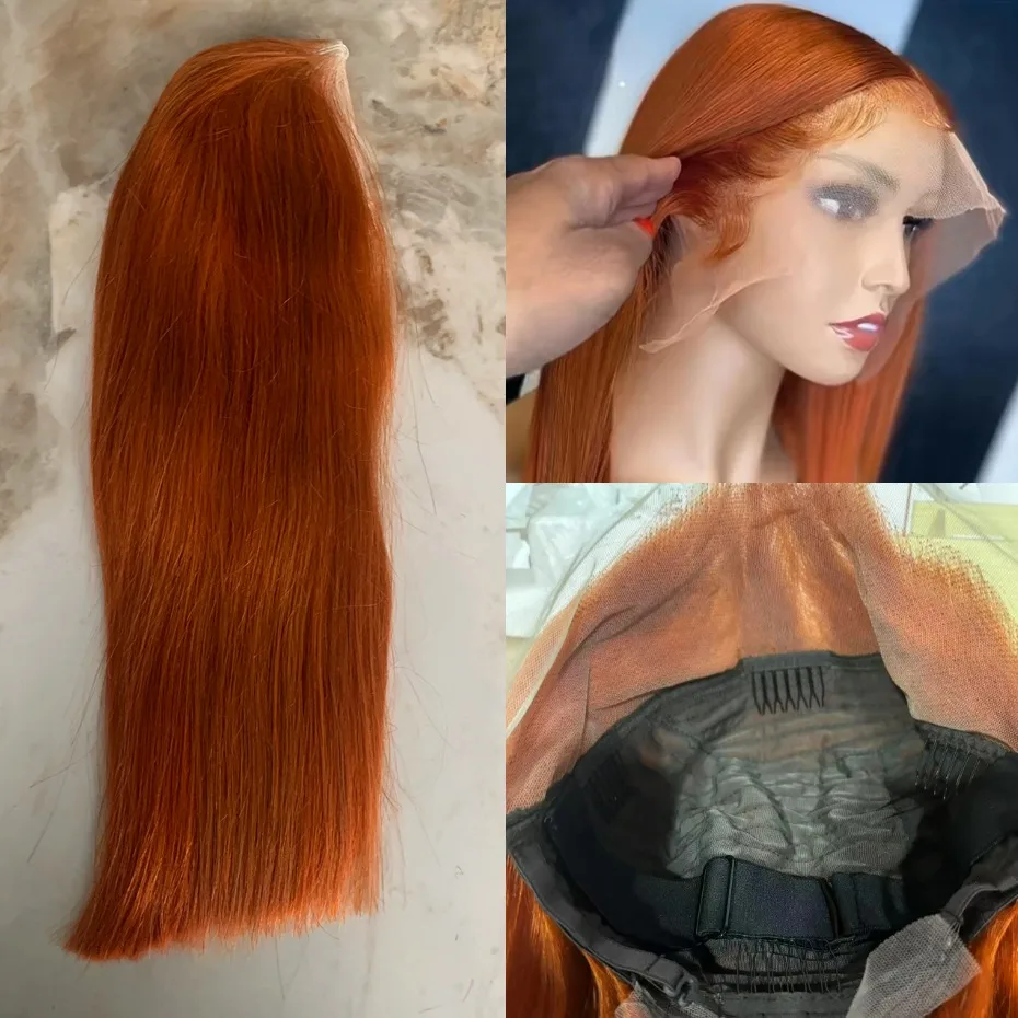13x4ジンジャーオレンジボブベトナム産透明人毛レースフロントウィッグ # 350色のプレプラッキング済みレースフロントウィッグ、密度250%