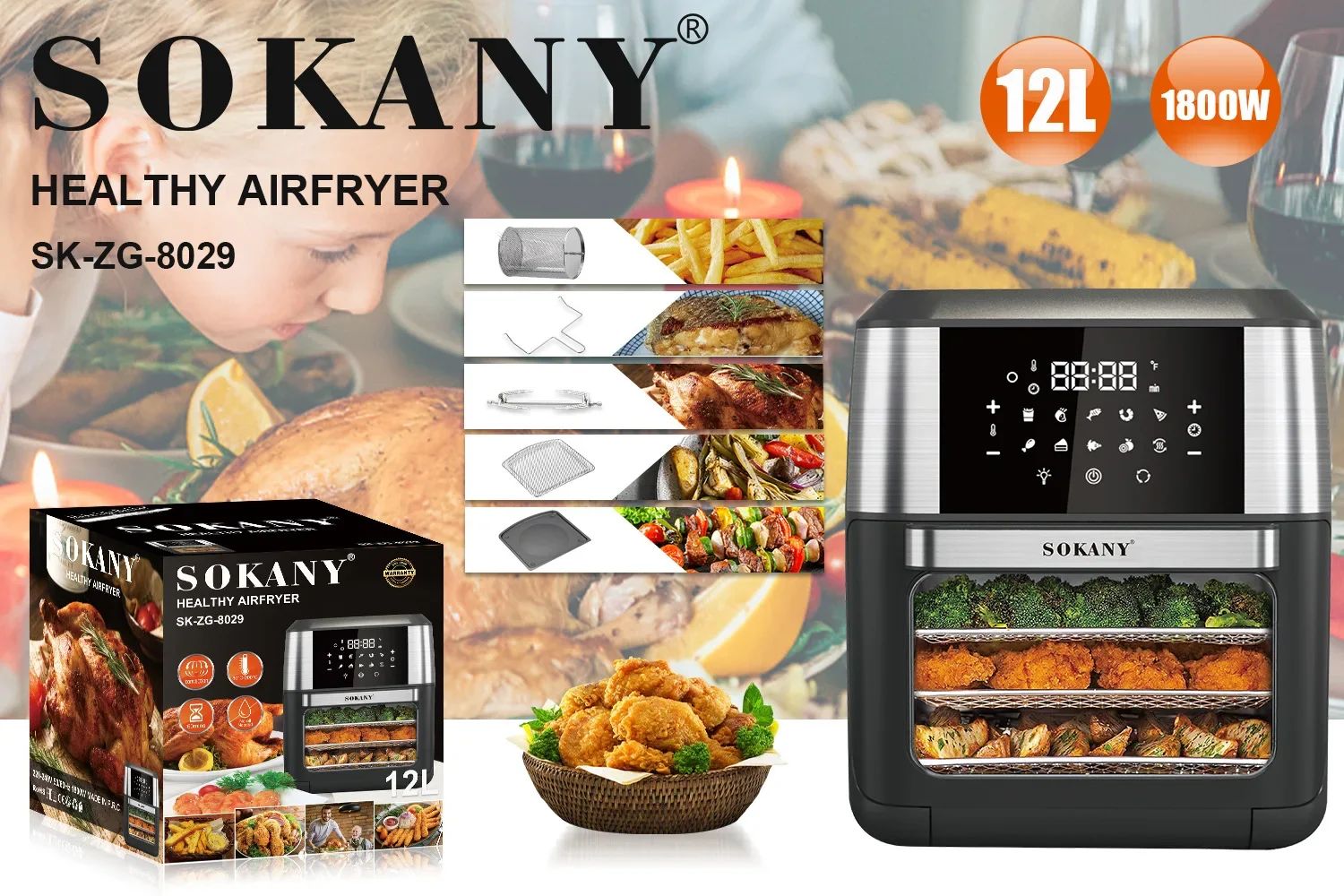 SOKANY Kitchen home recipes accessories 12L no oil electric deep potatoes industrial air fryer
