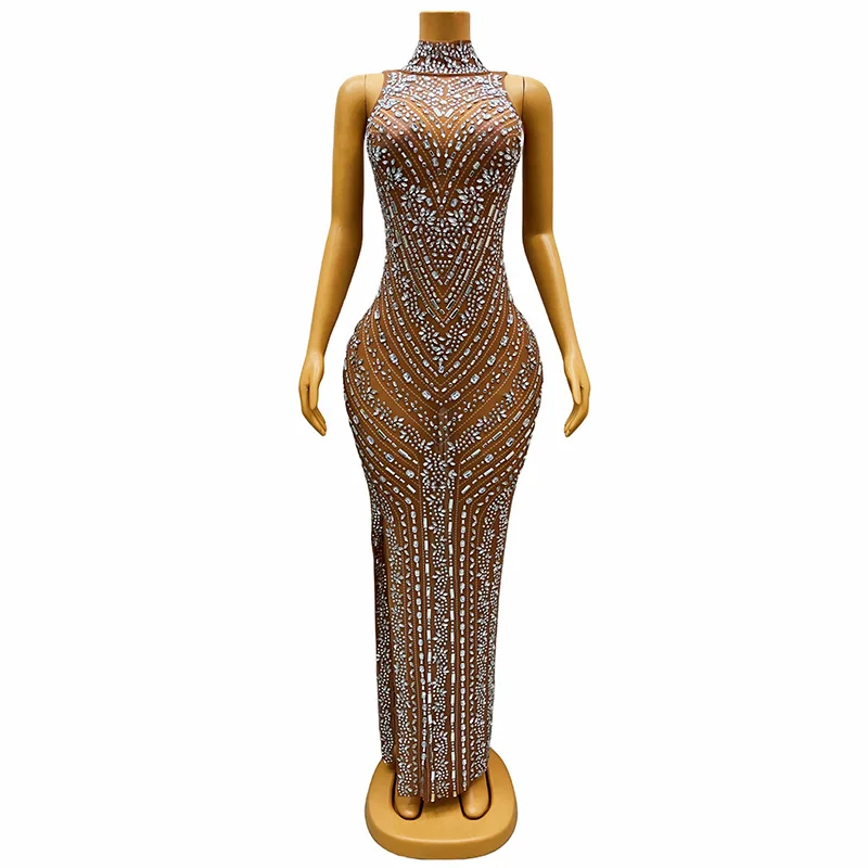 

Temperament Hostess Sleeveless Long Catwalk Evening Dress Low-Key Side Split, Full Diamond Patterns Crystal Embellished Dresses