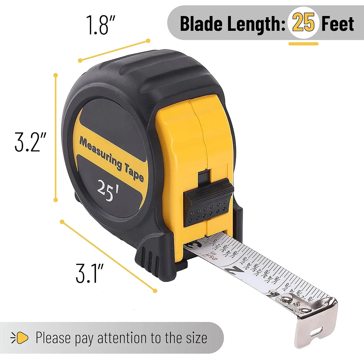 Tape Measure, 25-Foot, Steel Retractable Tape Measure with Fractions, Easy Read Tape Measure, Steel Tape Measure 25 ft