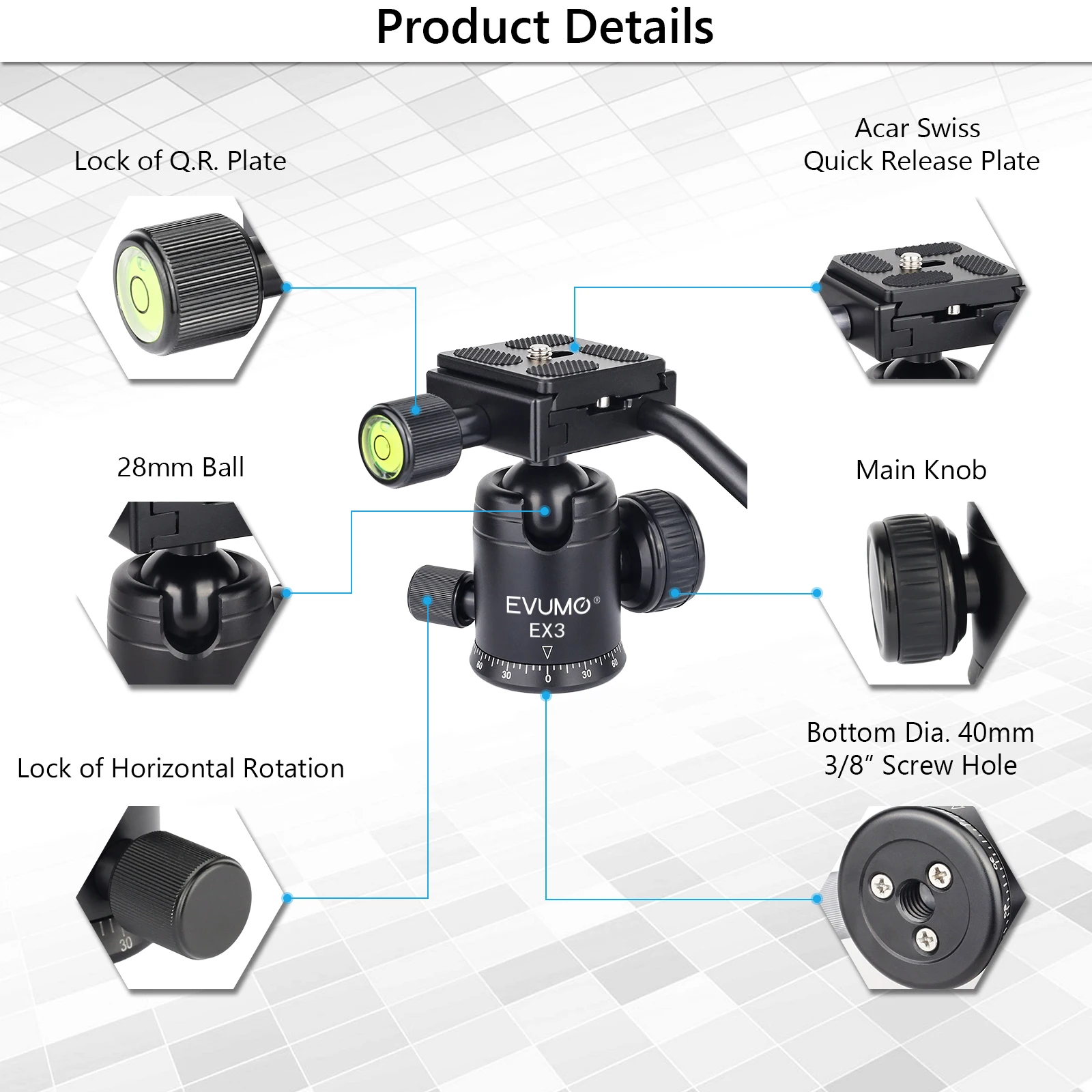 Tripod Ball Head with Handle All Metal CNC Panoramic Ballhead with Q.R Plate for Tripod, DSLR, Camcorder, Telescope, Load 10kg