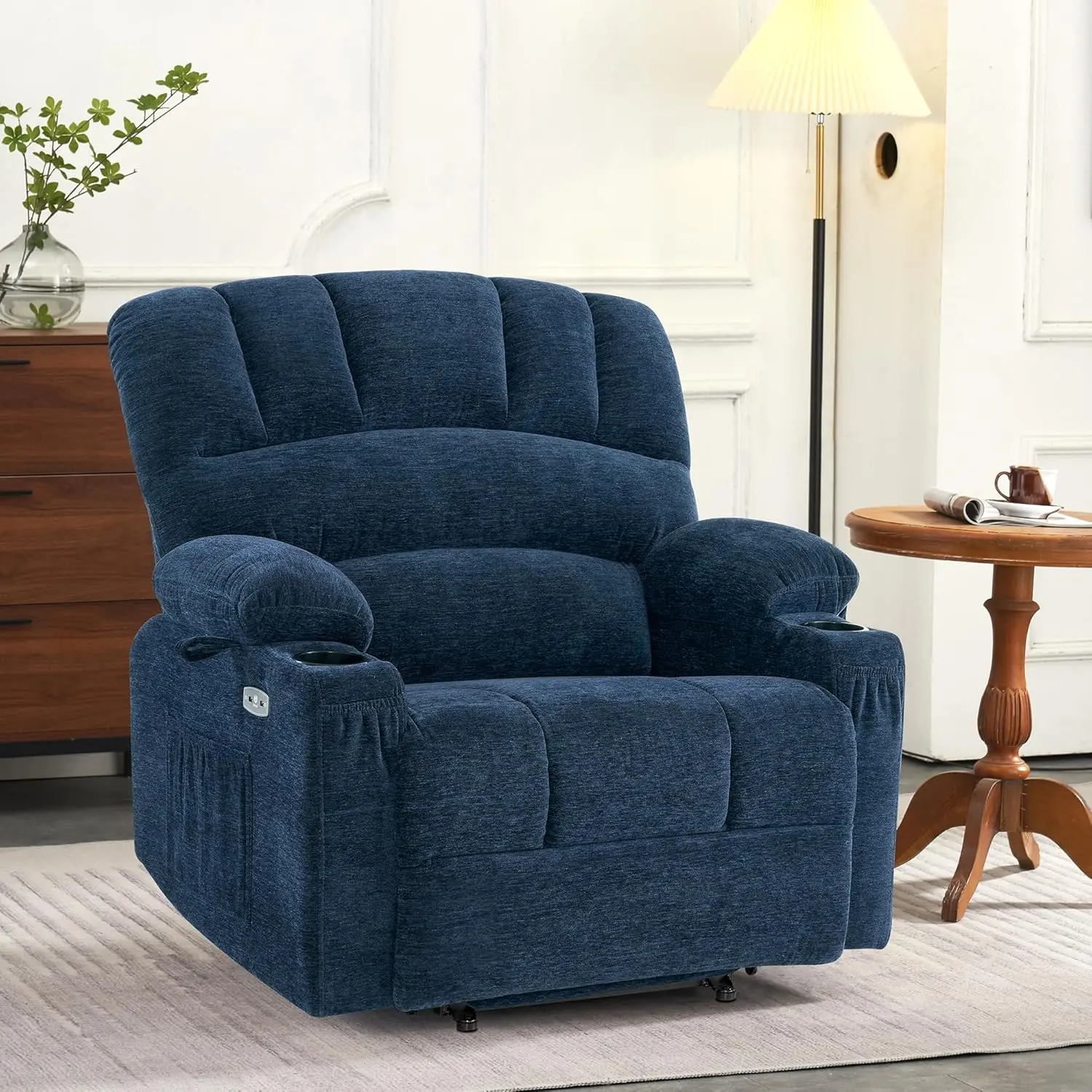 Power Lift Recliner Chair Sofa with Massage and Heat for Big Elderly People Cup Holders USB Port Medium-Wide Navy Blue