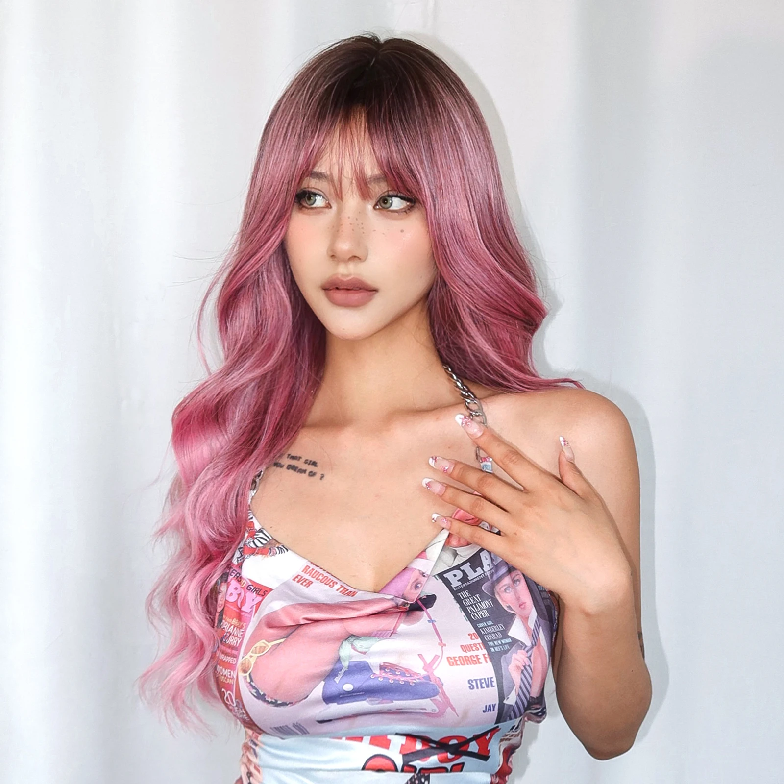 EASIHAIR Ombre Pink Red Long Wavy Synthetic Wig with Bangs Water Wave Hair Wigs for Women Heat Resistant Cosplay Daily Use Wig