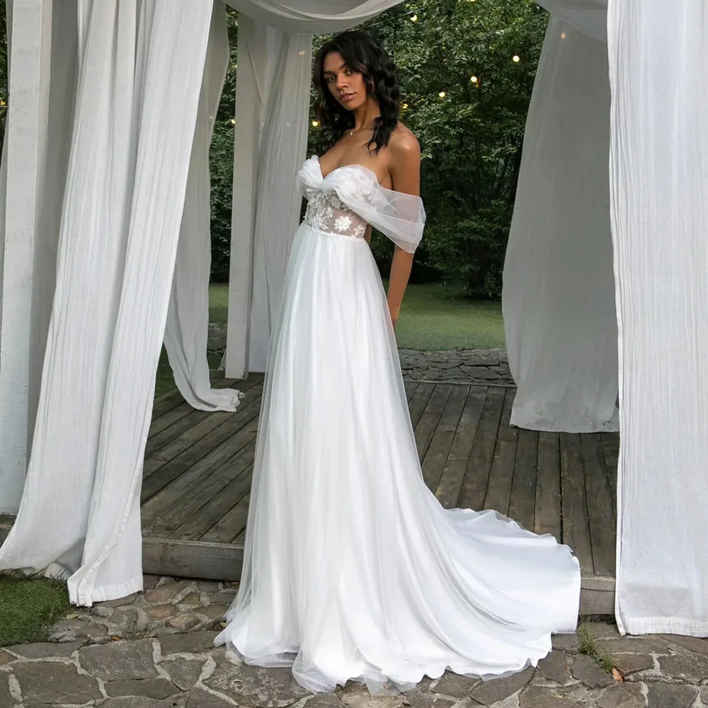 

Customized Off Shoulder Tulle Wedding Dresses Sheer Floral Applique A-Line Bridal Dresses Romantic 2026 Brides Dresses