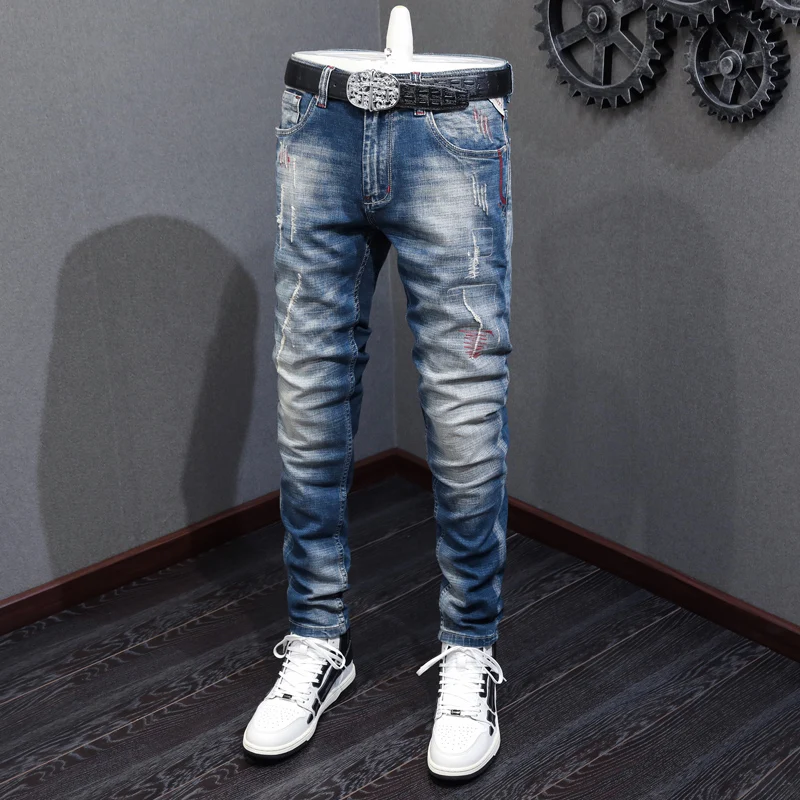 Fashion Vintage Men Jeans High Quality Retro Blue Elastic Slim Fit Patched Ripped Jeans Embroidery Designer Denim Pants Hombre