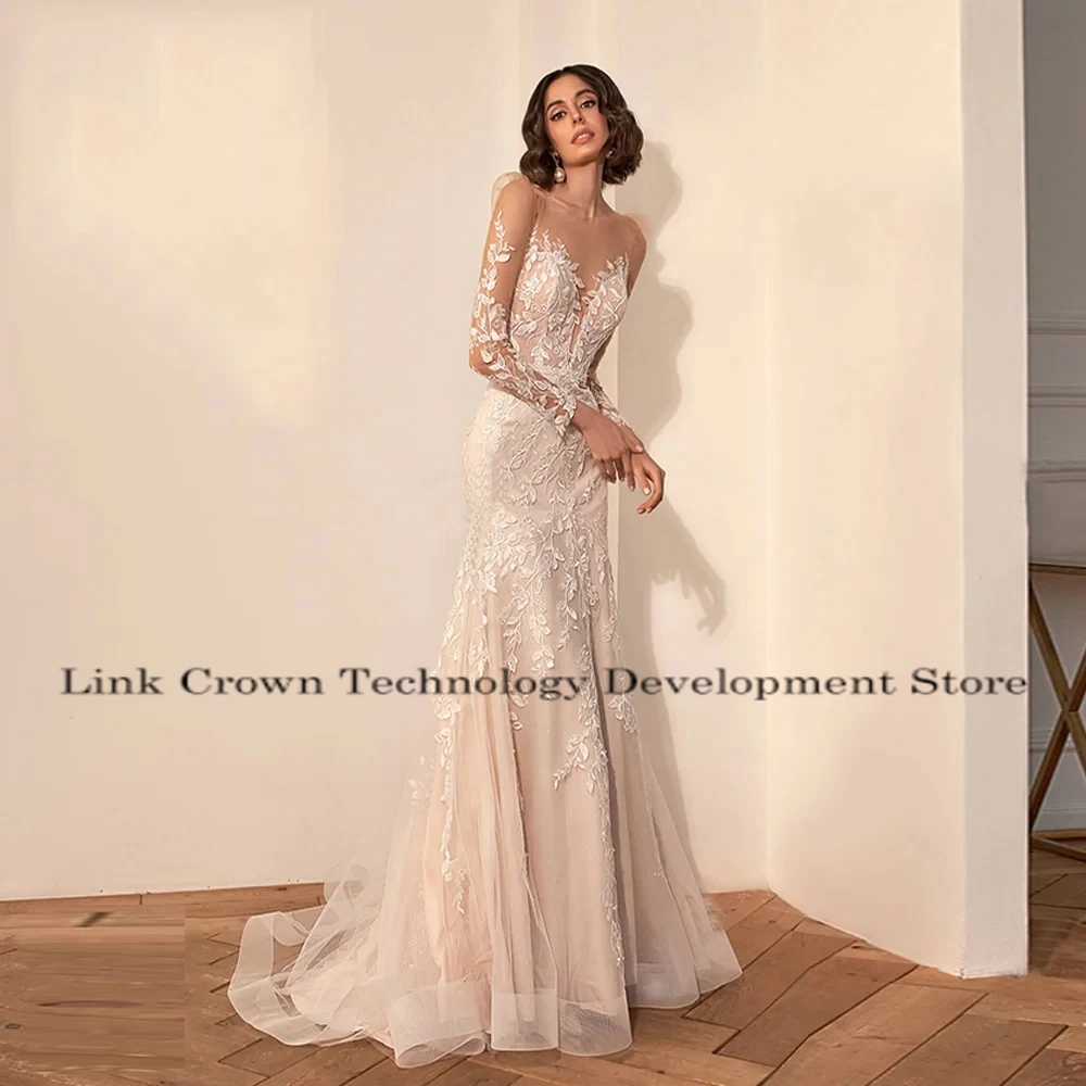 Exquisite V Neck Wedding Dresses with Lace Champagne Full Sleeve Bridal Gowns for Princess 2025 Summer Vestido De Novia New