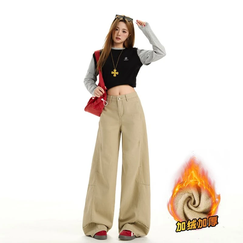 

ZHISILAO новые зауженные джинсы цвета хаки, женские Y2K, повседневные зимние теплые толстые джинсовые брюки с высокой талией, уличная одежда 2025