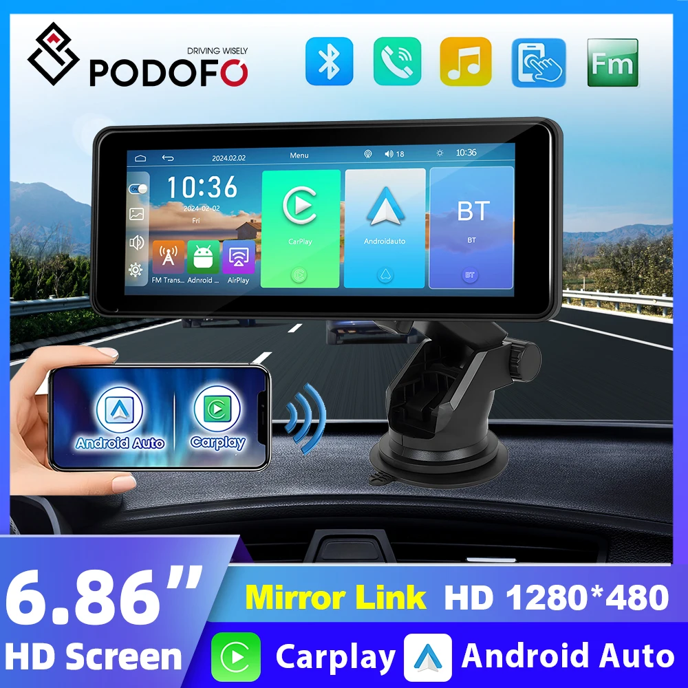 

Podofo 6.86" Car Radio CarPlay Screen Android Auto Wireless Smart MP5 Player Support Rear Camera Apple Airplay With BT