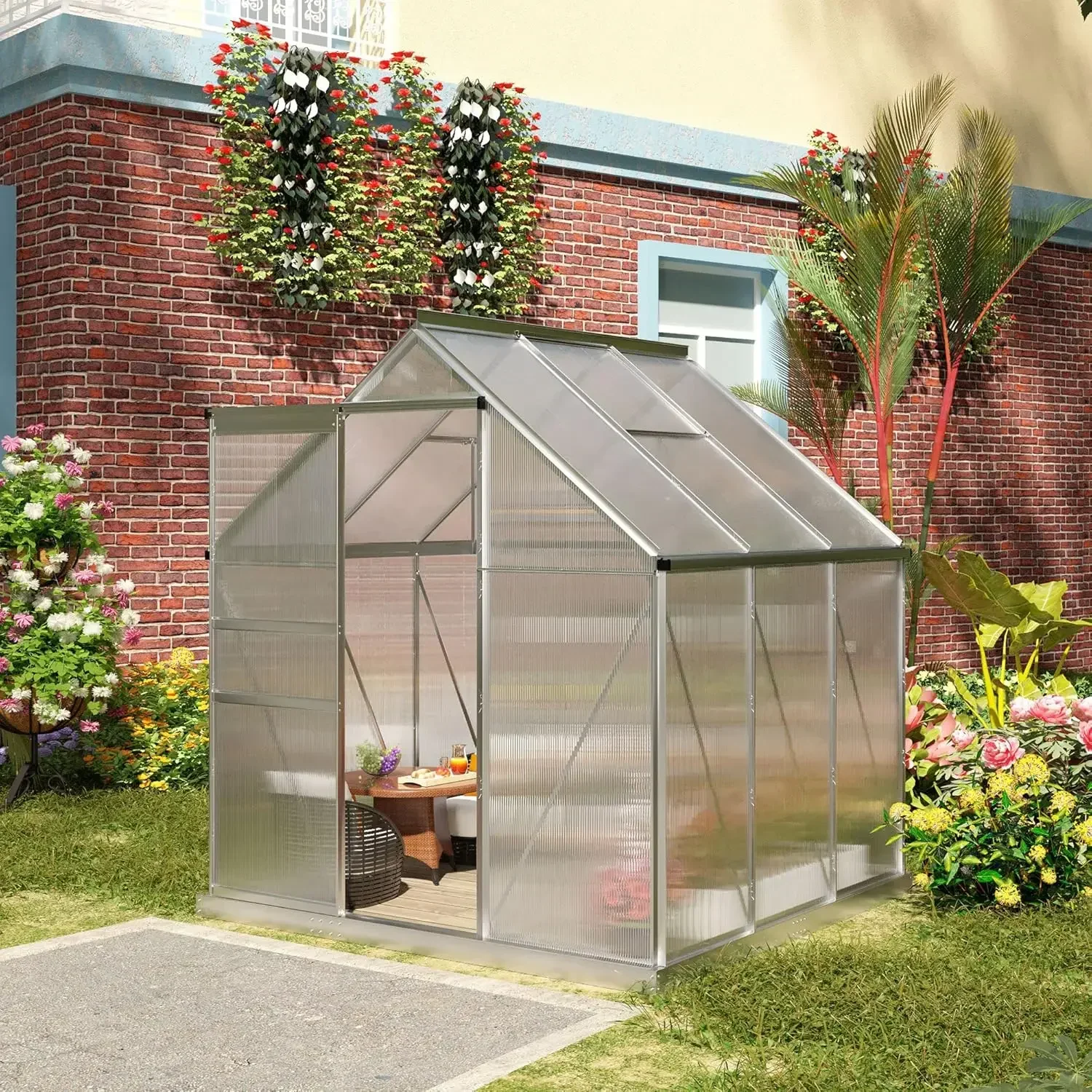 6' x 6' x 6.5' Polycarbonate Greenhouse with Aluminum Frame, Walk-in Heavy Duty Greenhouse Kit with Adjustable Roof Vent