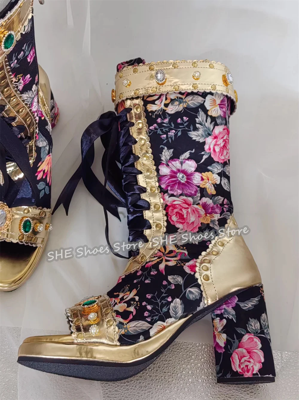 

Romantic Flowers Prints Mixed Color Women Boots Luxury Rhinestone Decor Peep Toe High Heel Gladiator Sandals Lady High Top Boots