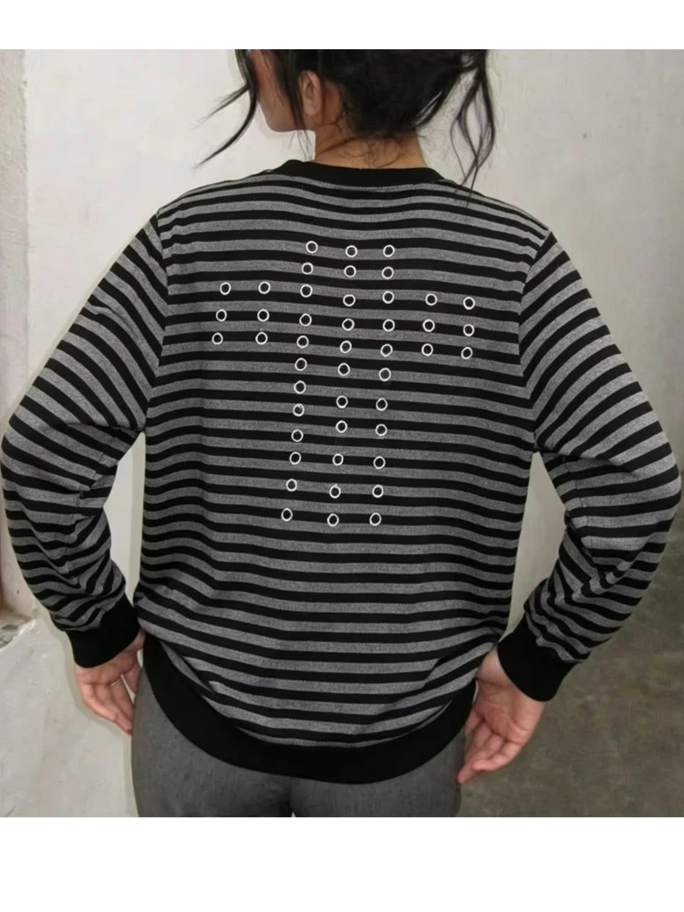 Womens Gothic Punk Striped Long Sleeve Sweatshirt Round Collar Back Metal Eyelet Hollow Out Pullover Fall High Street Casual Top
