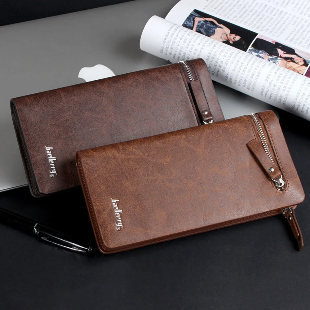 Solid Color Leather Men Coin Purse Clutch Card Bag Long Wallet Zipper Handbag Portable Large Capacity Durable Daily Use