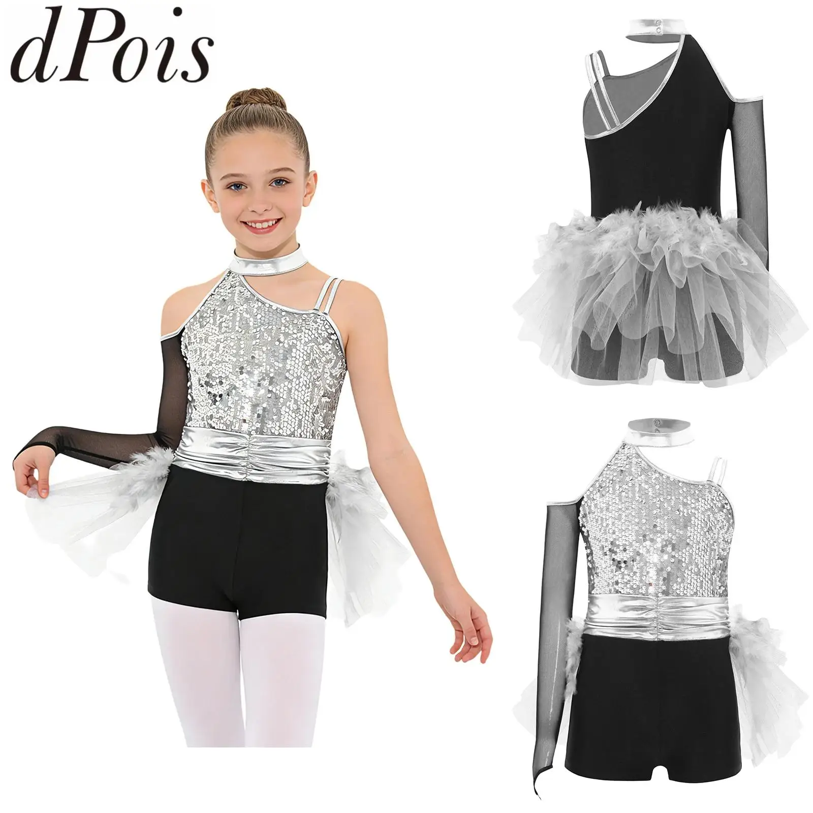 キッズガールズレオタードジャズダンスジャージリズミカル体操フィギュアスケートメッシュスカート付きスパンコールチュールボディスーツパフォーマンス衣装