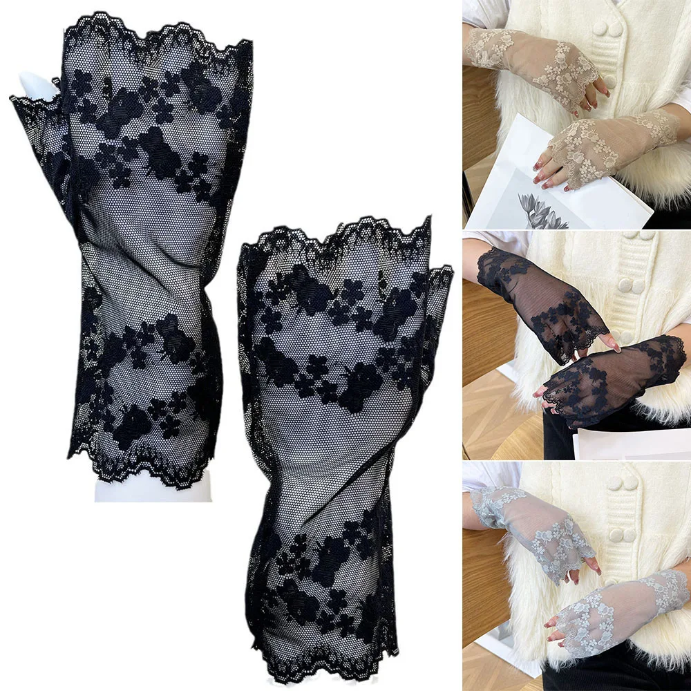 

1 Pair Women Uv-proof Half-finger Gloves Jacquard Lace Gloves Sunscreen Gloves Lace Mesh Floral Gloves Solid Color Mittens