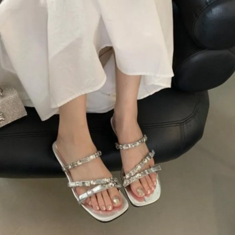 Summer Wear Rhinestone Crossover with Open Toe Square Toe Slippers for Women  Small Block Heel Low Heel Slippers