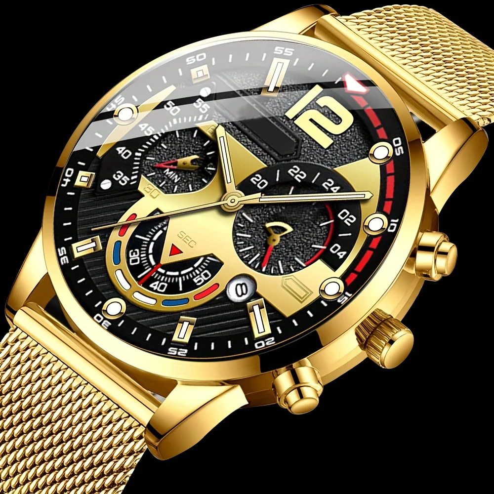 Gold Luxury Fashion Mens Watches Stainless SteeQuartz Wristwatch Calengar Luminous ClockMen Business Casua Watch Reloi Hompre