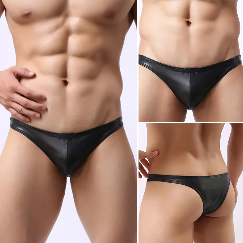 Ropa interior de Tanga para hombre, calzoncillos elegantes y cómodos de cuero PU negro con bolsa, disponible en diferentes tamaños