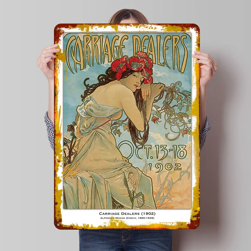 Art Nouveau - Carriage Dealers Poster Customized Wall Art Vintage Metal Signs Retro Tin Plaque for Man Cave Room Decor Men Home