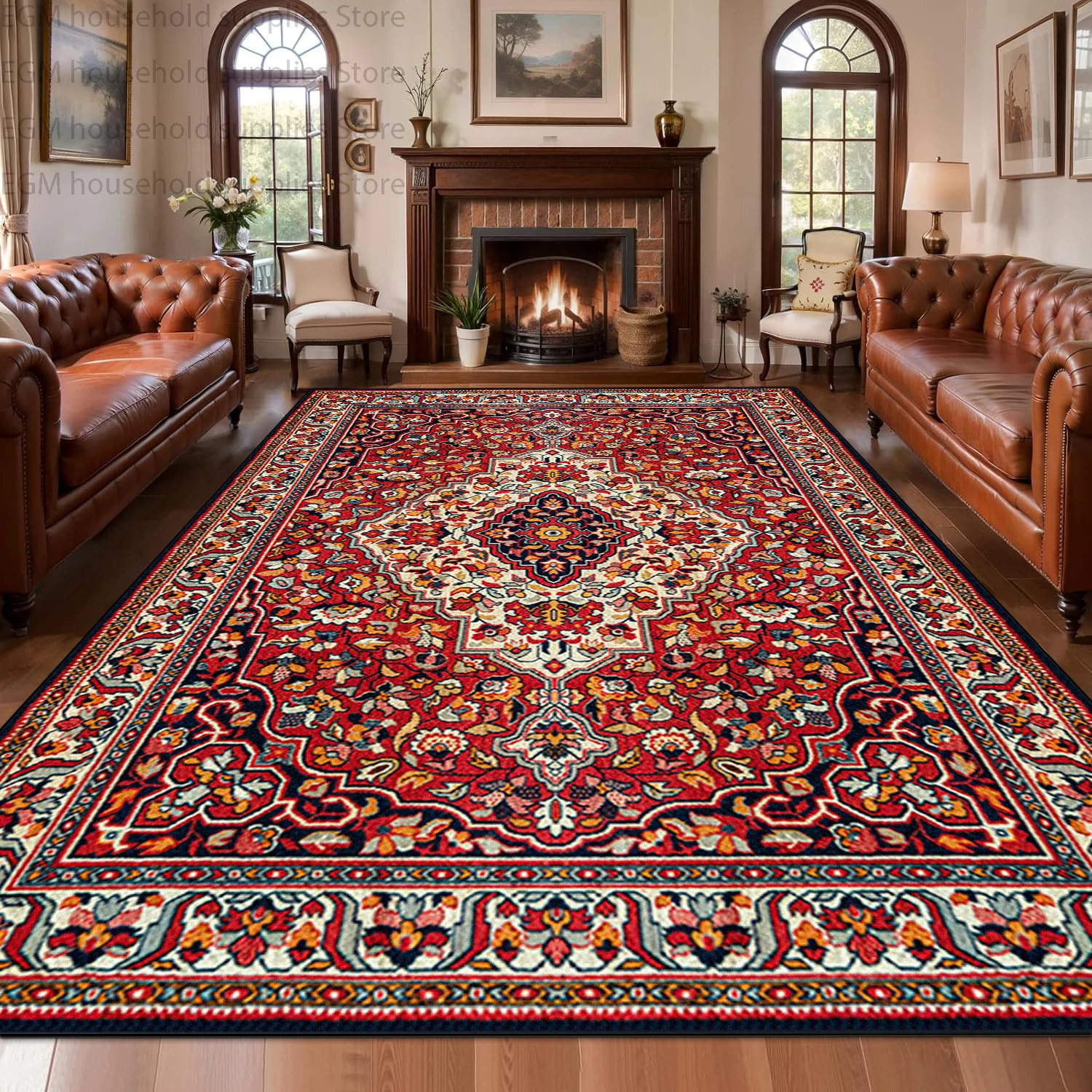 Red Tone Vintage Persian Floral Luxury Fluffy Carpet for Large Living Room Decor Rug Non-slip Washable Bedroom Mats Customizable