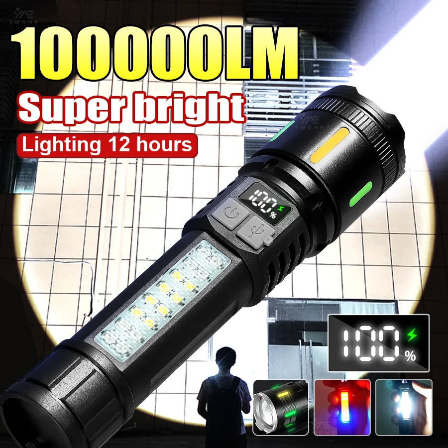 High Power Flashlight 18650 Battery Rechargeable LED Flashlight Waterproof White Laser Side Lamp Digital Display Outdoor Camping