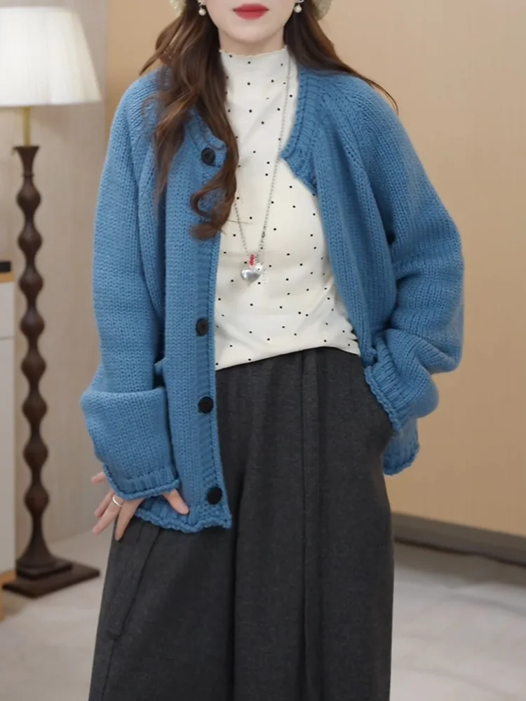 

Синий мягкий вязаный кардиган-свитер для женщин больших размеров, осенняя новинка, удобный, в корейском стиле