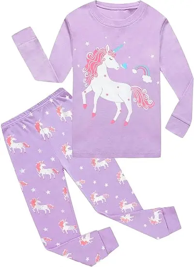 Little Hand Girls Long Sleeve Pajamas Toddler Unicorn Print 100% Cotton 2 Pcs Pjs Sets Kids Cute Sleepwear Shirts for 2-7T