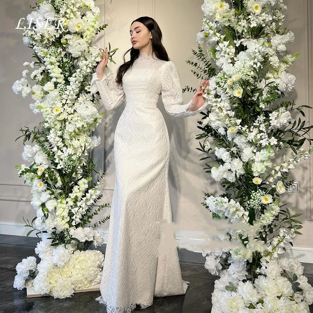 Liser Customized Muslim Mermaid Wedding Dresses Silk Lace Appliques High-Neck Long Sleeves Beach Bridal Gown robe de mariée