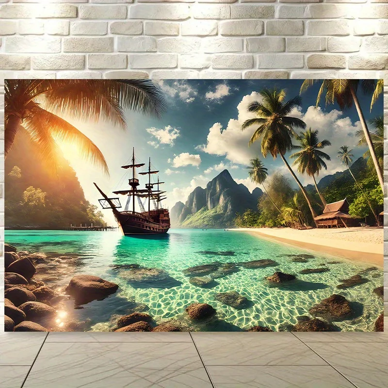 Tropical Beach Pirate Ship Tapestry - Caribbean Sea, Palm Trees, Island Paradise, Summer Wall Art, Living Room Bedroom,