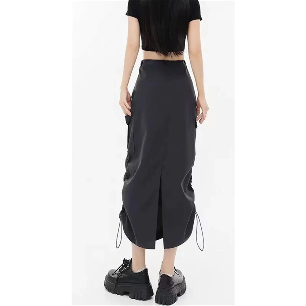 Black High Waist Cargo Skirt Women Multi Pocket Elastic Waist Ankle Length Long Skirts Casual Street Y2K Summer Fashion Outfit