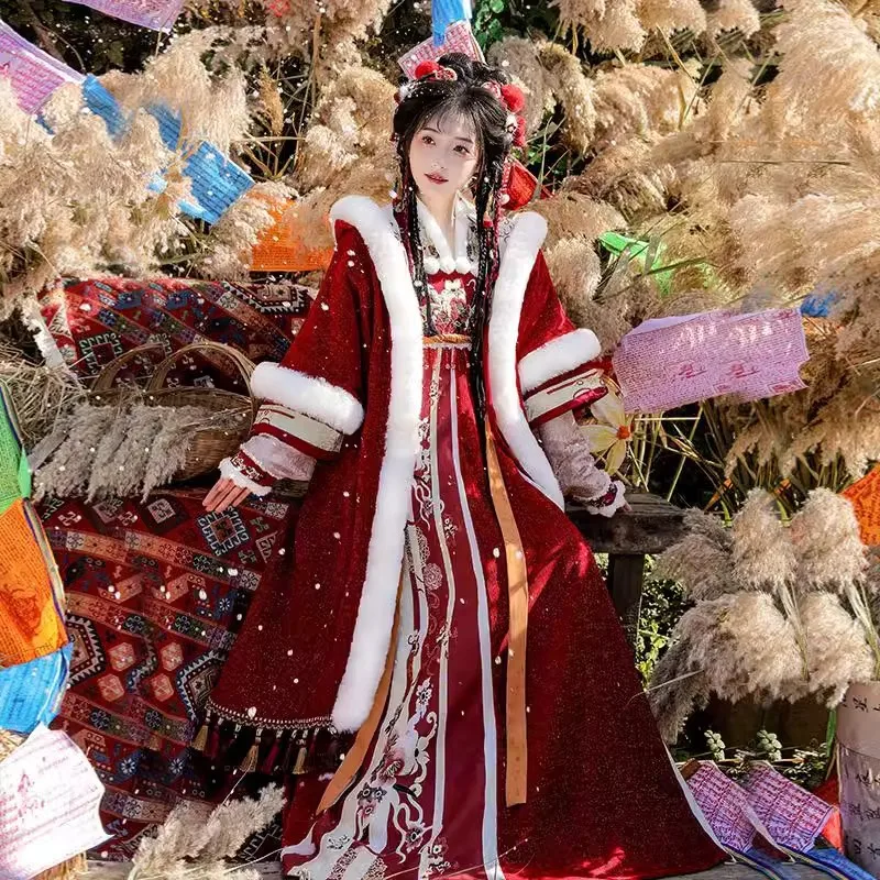 

223- [Spirit Snake Little Fortune Star] Chest length Hanfu Women's Thick Velvet Cloak Tang style Robe Dress Ancient Costume