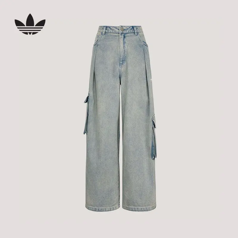 Adidas Clover Large Pocket Overalls Loose Wide Leg Pants 2026 Spring Girl Denim Trousers KU9533