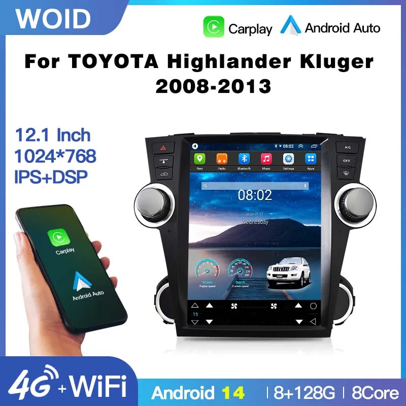 

12'' Android 14 Car Radio Tesla Screen GPS Multimedia Player For TOYOTA Highlander Kluger 2008 - 2013 Carplay Auto Head Unit