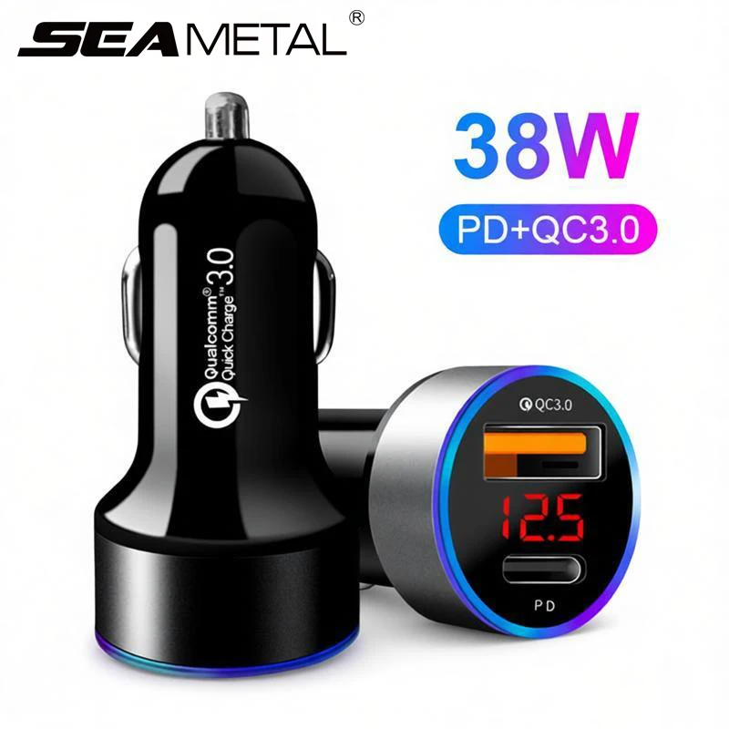 SEAMETAL USB C Car Charger 20W 2 Ports PD2.0 QC3.0 Digital Display Car Phone Charger For iPhone Samsung Quick Charging Adapter