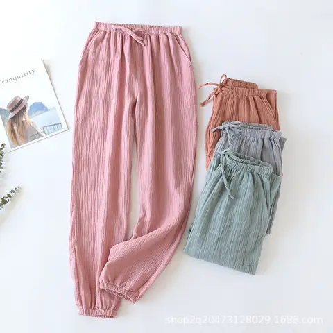 Spring Summer 100% Cotton Muslin Gauze Pants Women'S Casual Japanese Korean Homewear Pajama Cuffed Pantalones Female Clothing
