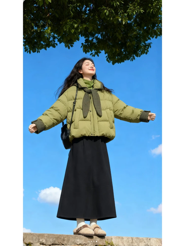 

Winter 2025 Women's Thiened Knitted Hat Jaet Loose Fit Warm Outerwear ort Sle een Color Korean Sle Commute Faion