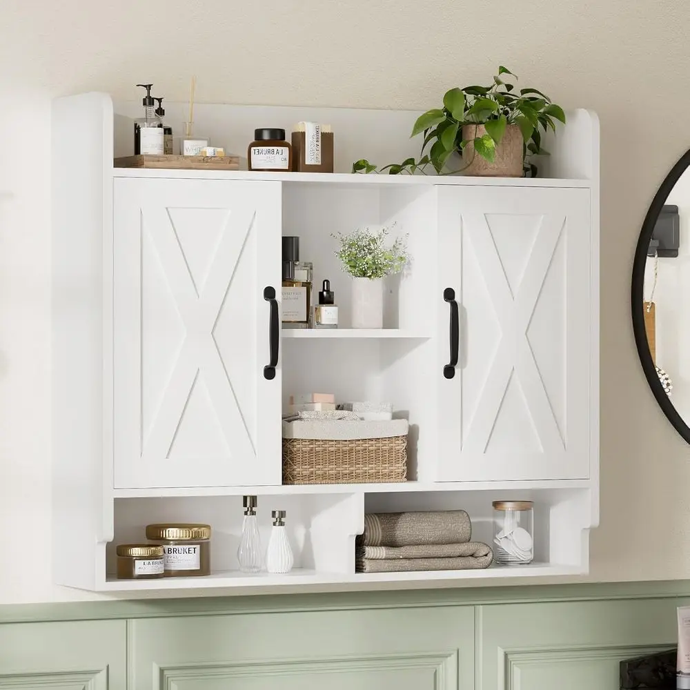 

White Bathroom Wall Cabinet, Wall Mount Storage Cabinet, loating Medicine Cabinet with 5 Open Shelves and 2 Deep CabiOver The To