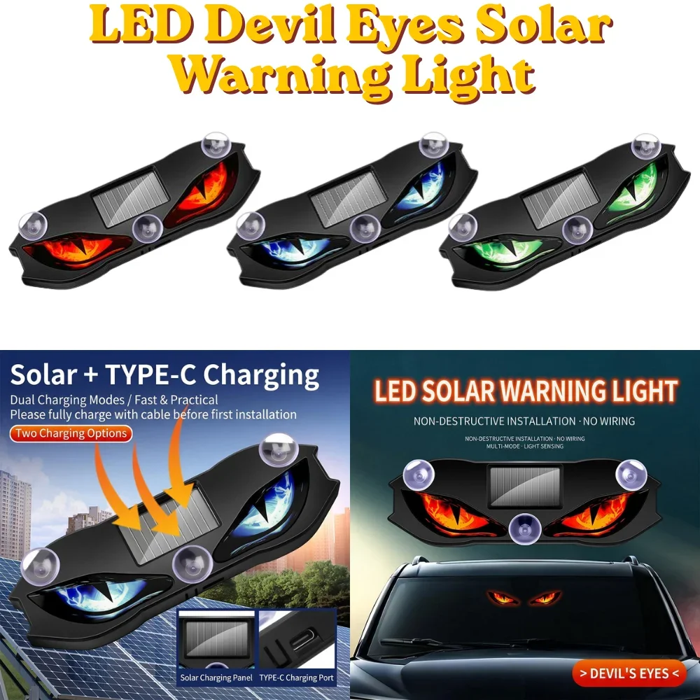 For Car Rear Window Warning Light Car Demon Eye Light Auto On Off Light Sensor Solar Powered Suction Cup Mount LED