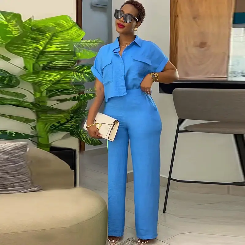 Euro-American Solid Two Piece Sets Spring Summer Turn-Down Neck Short Sleeve Loose Top & High-Waist Wide Leg Pants Set Outfits