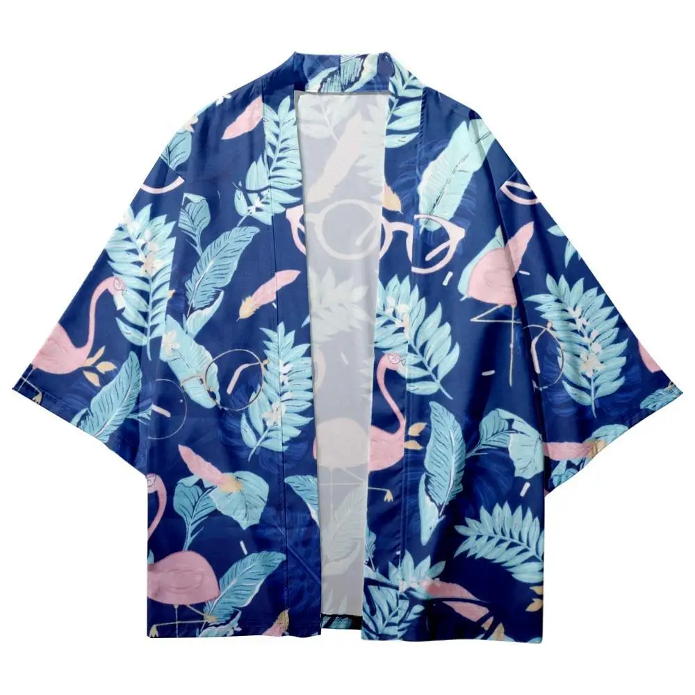 Loose Cartoon Flamingo Leaves Printed Blue Kimono Beach Shorts Streetwear Summer Casual Couple Women Men Haori Yukata Cardigan